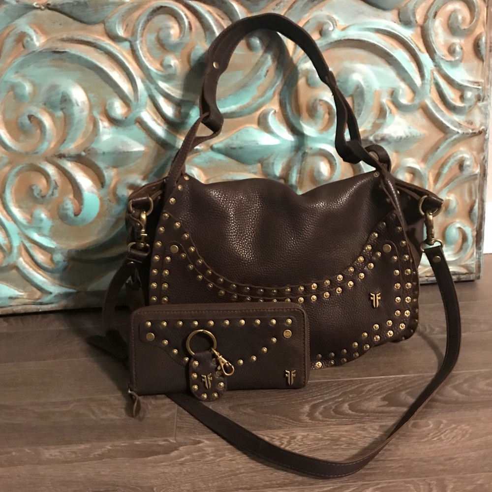 Frye studded handbag with wallet and keychain